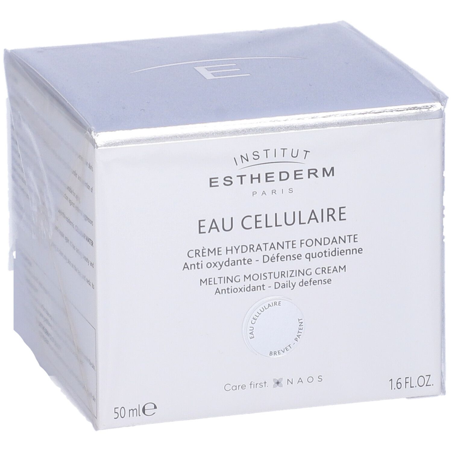 Scatola bianca con logo e nome del prodotto: Eau Cellulaire Crème Hydratante Fondante. 50 ml, 1.6 FL.OZ.