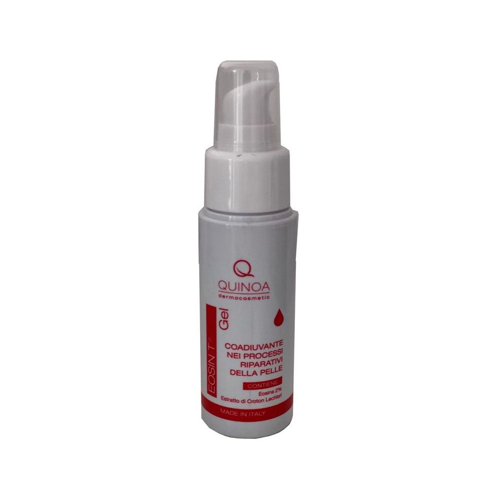 Flacone bianco con dosatore. Striscia rossa con testo. Nome prodotto: Eosin T Gel. Marchio: Quinoa Dermocosmetic.