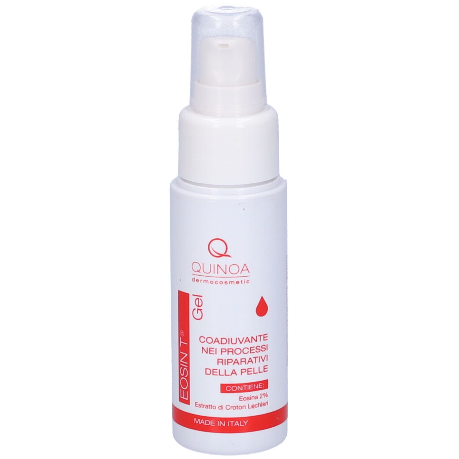 Flacone bianco con dosatore. Striscia rossa con testo. Nome prodotto: Eosin T Gel. Marchio: Quinoa Dermocosmetic.
