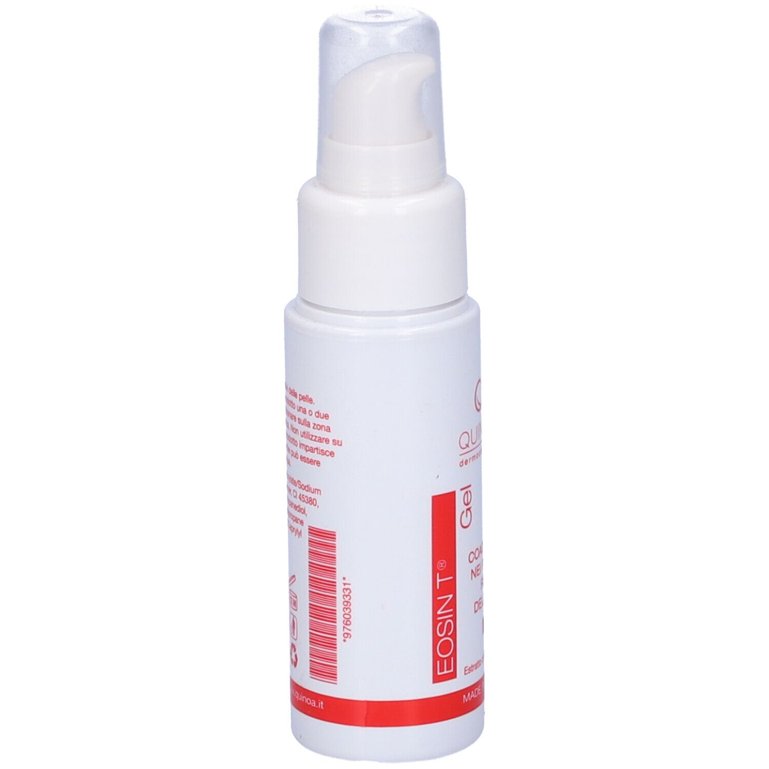 Flacone bianco con dosatore. Retro con testo e codice a barre. Nome prodotto: Eosin T Gel. Marchio: Quinoa Dermocosmetic.