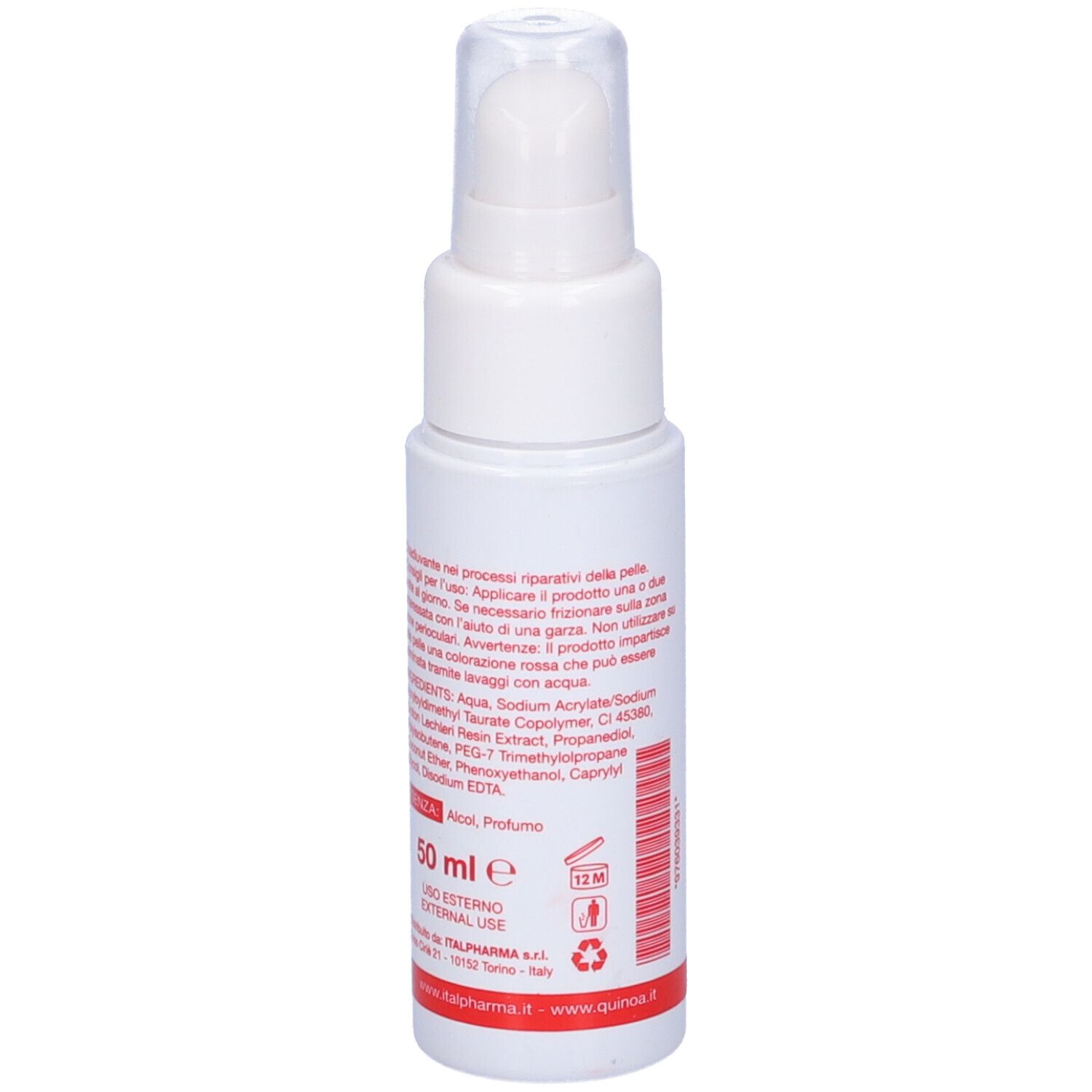 Flacone bianco con dosatore. Retro con testo. Nome prodotto: Eosin T Gel. Marchio: Quinoa Dermocosmetic. Volume: 50 ml.