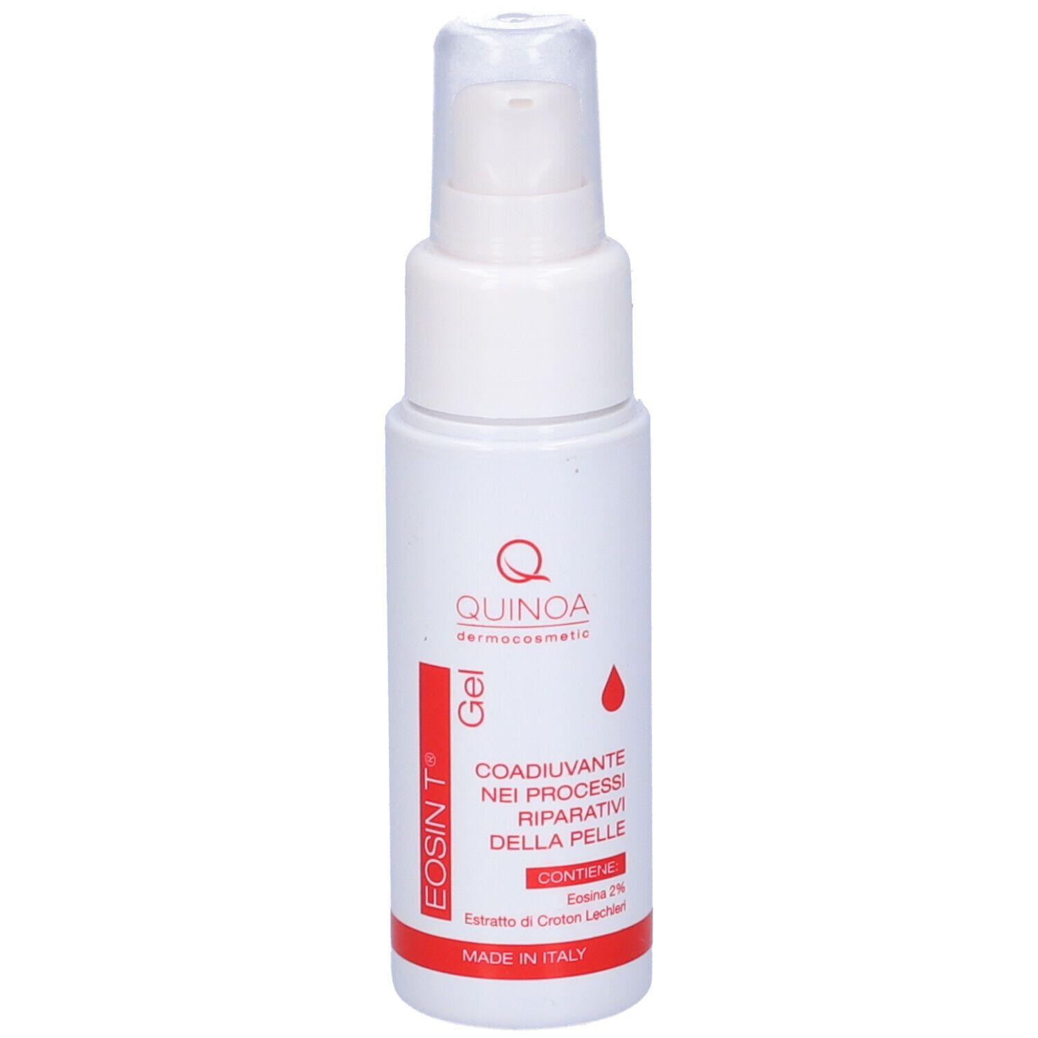 Flacone bianco con dosatore. Striscia rossa con testo. Nome prodotto: Eosin T Gel. Marchio: Quinoa Dermocosmetic.