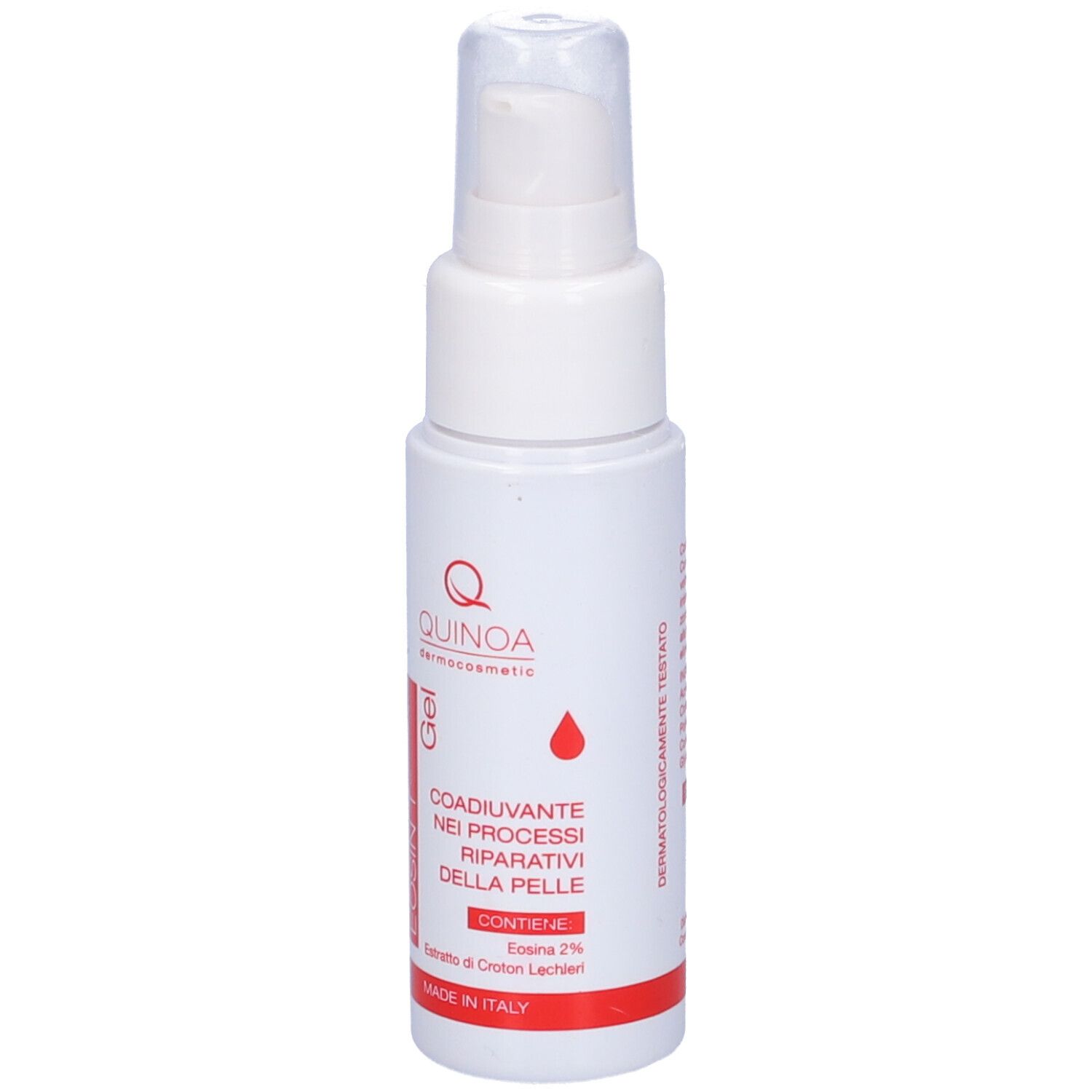 Flacone bianco con dosatore. Striscia rossa con testo. Nome prodotto: Eosin T Gel. Marchio: Quinoa Dermocosmetic. Dermatologicamente testato.