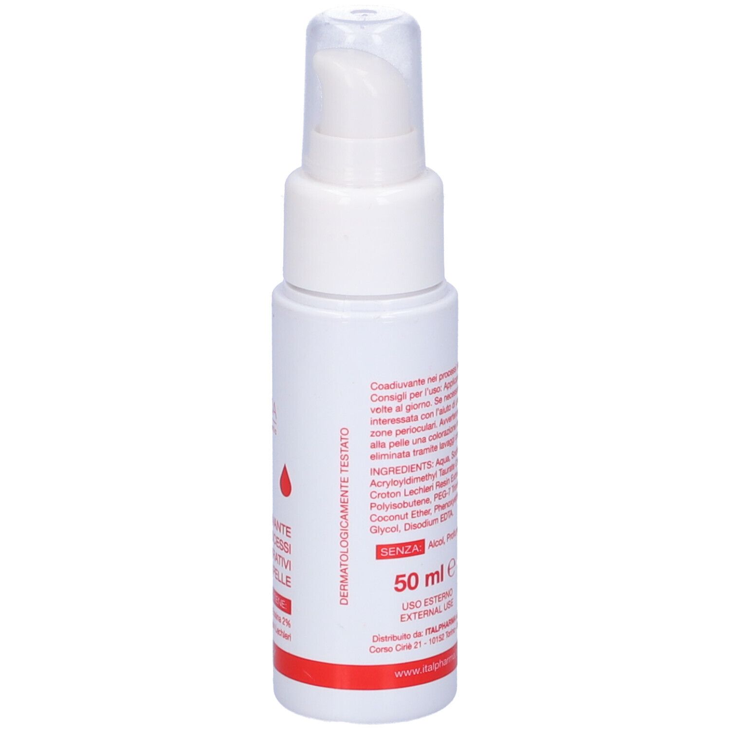 Flacone bianco con dosatore. Striscia rossa con testo. Nome prodotto: Eosin T Gel. Marchio: Quinoa Dermocosmetic. Volume: 50 ml.