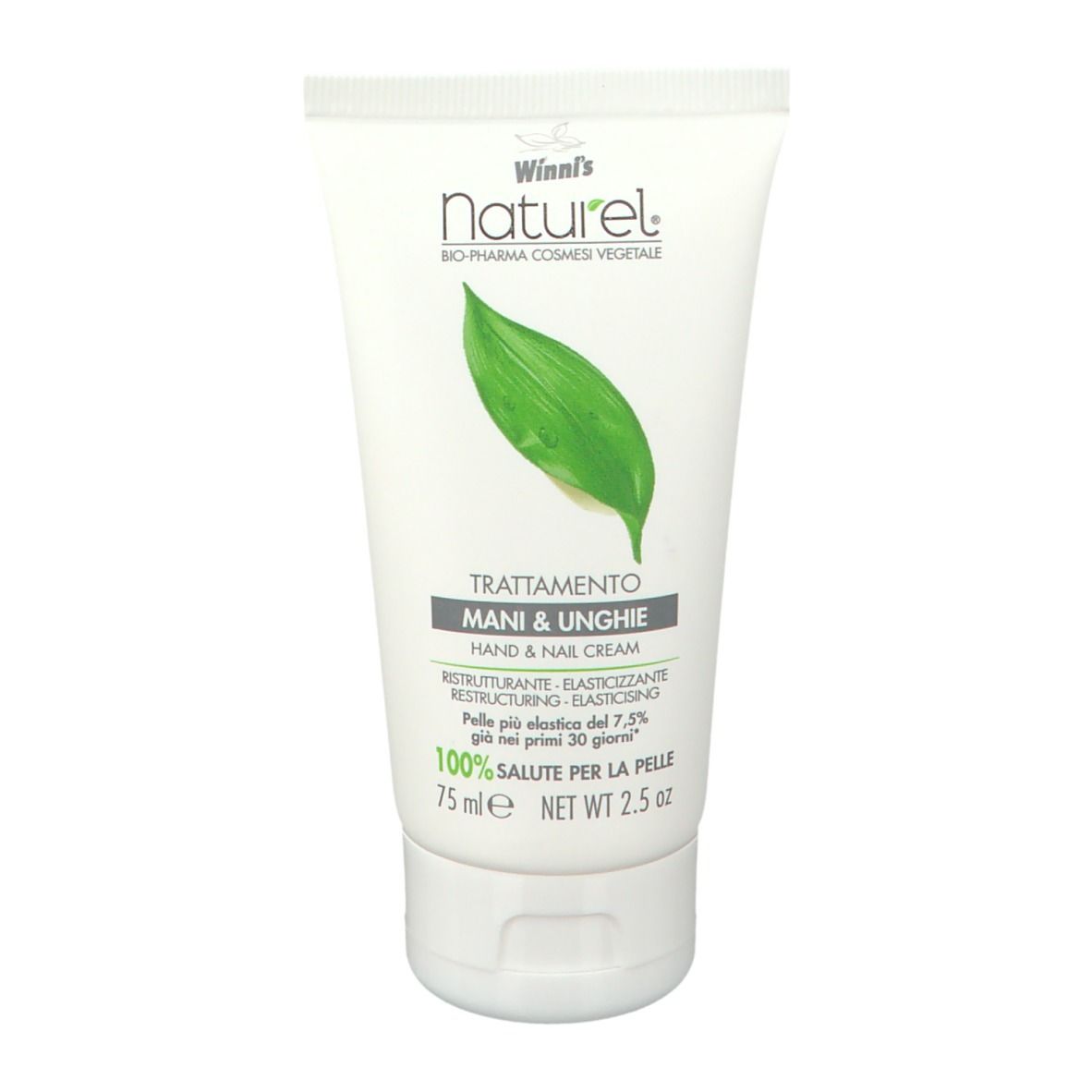 Tube blanc avec bouchon à vis. Inscription : Winni's Naturel, crème mains et ongles. Logo feuille verte. Texte en italien.