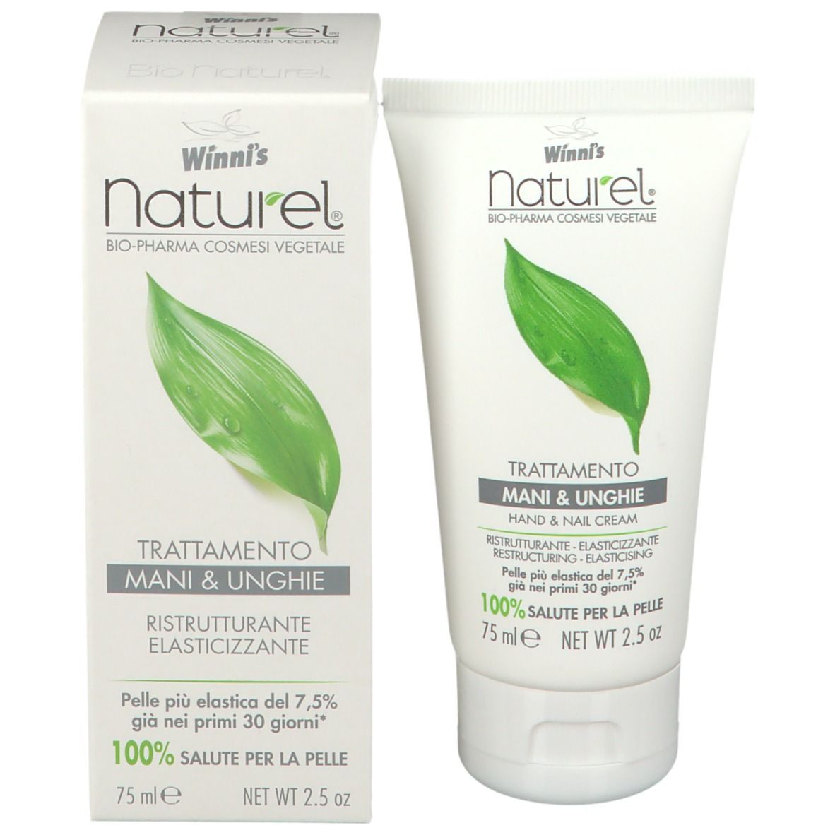 Tube et boîte de crème. Inscription : Winni's Naturel, soin mains et ongles. Logo feuille verte. Texte en italien.