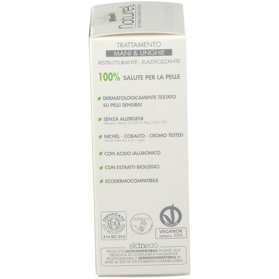 Dos de la boîte. Texte en italien. Certifications, labels de qualité et informations du fabricant.