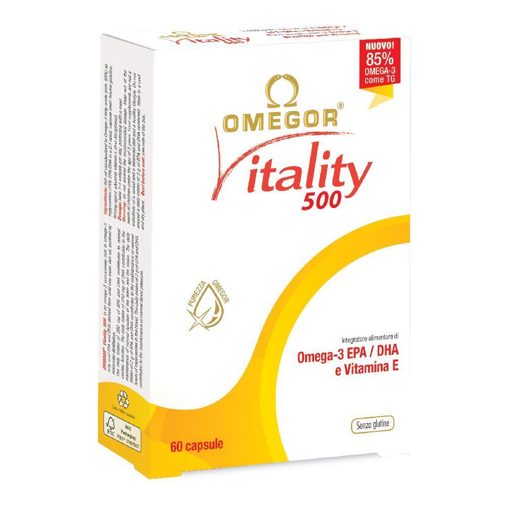 Scatola OMEGOR Vitality 500. Scatola bianca con nome del prodotto e dettagli gialli. Contiene 60 capsule.
