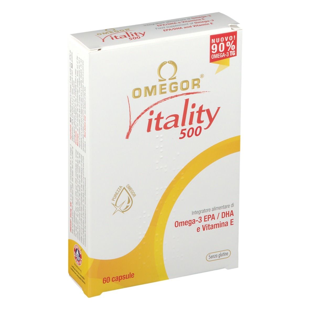 Scatola OMEGOR Vitality 500. Scatola bianca con nome del prodotto e dettagli gialli. Contiene 60 capsule.