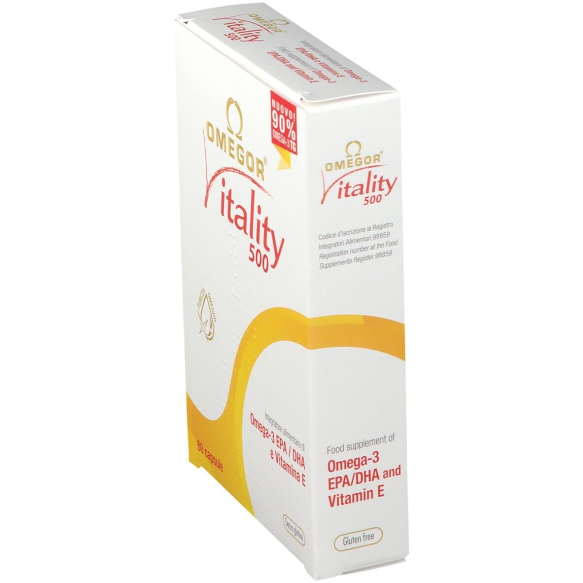 Scatola OMEGOR Vitality 500. Scatola bianca con nome del prodotto e dettagli gialli. Contiene 60 capsule.