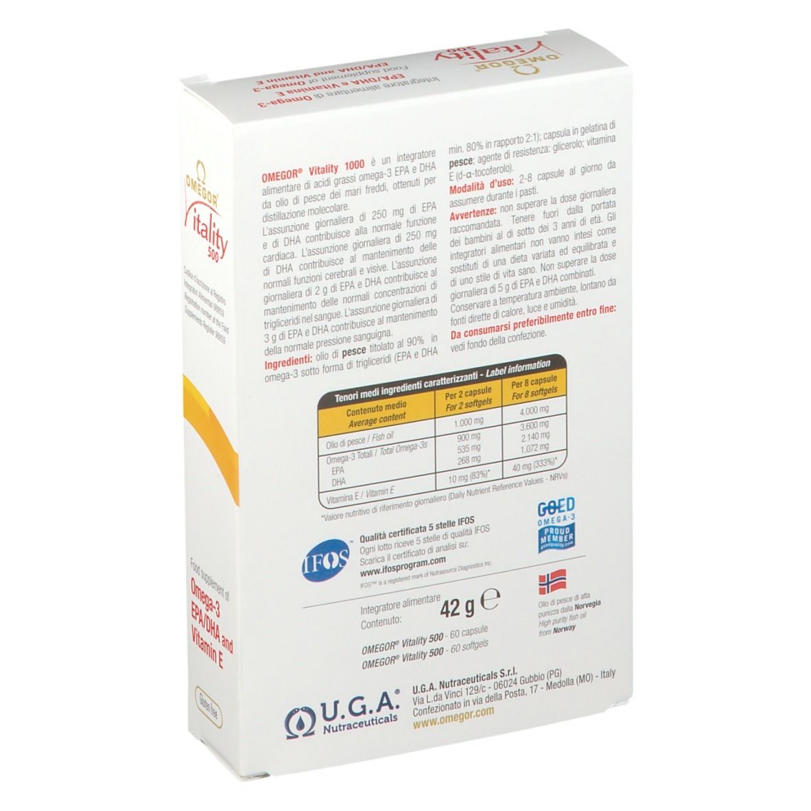 Scatola OMEGOR Vitality 500. Scatola bianca con informazioni sul prodotto e tabella nutrizionale. Contiene 42 g.