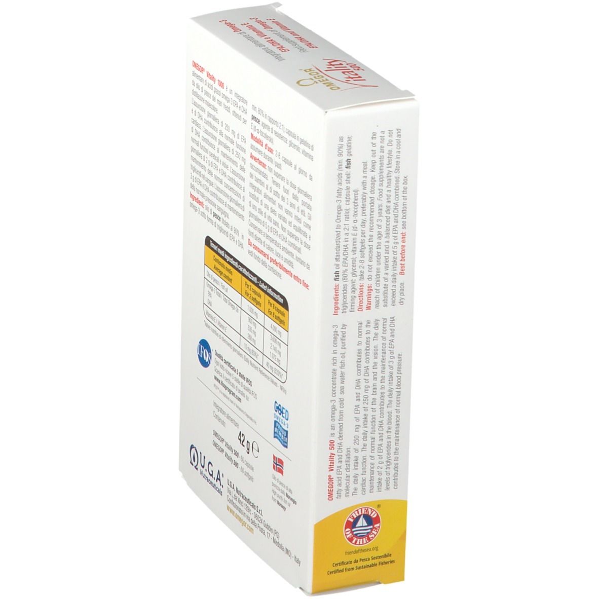 Scatola OMEGOR Vitality 500. Scatola bianca con informazioni sul prodotto e tabella nutrizionale. Contiene 42 g.