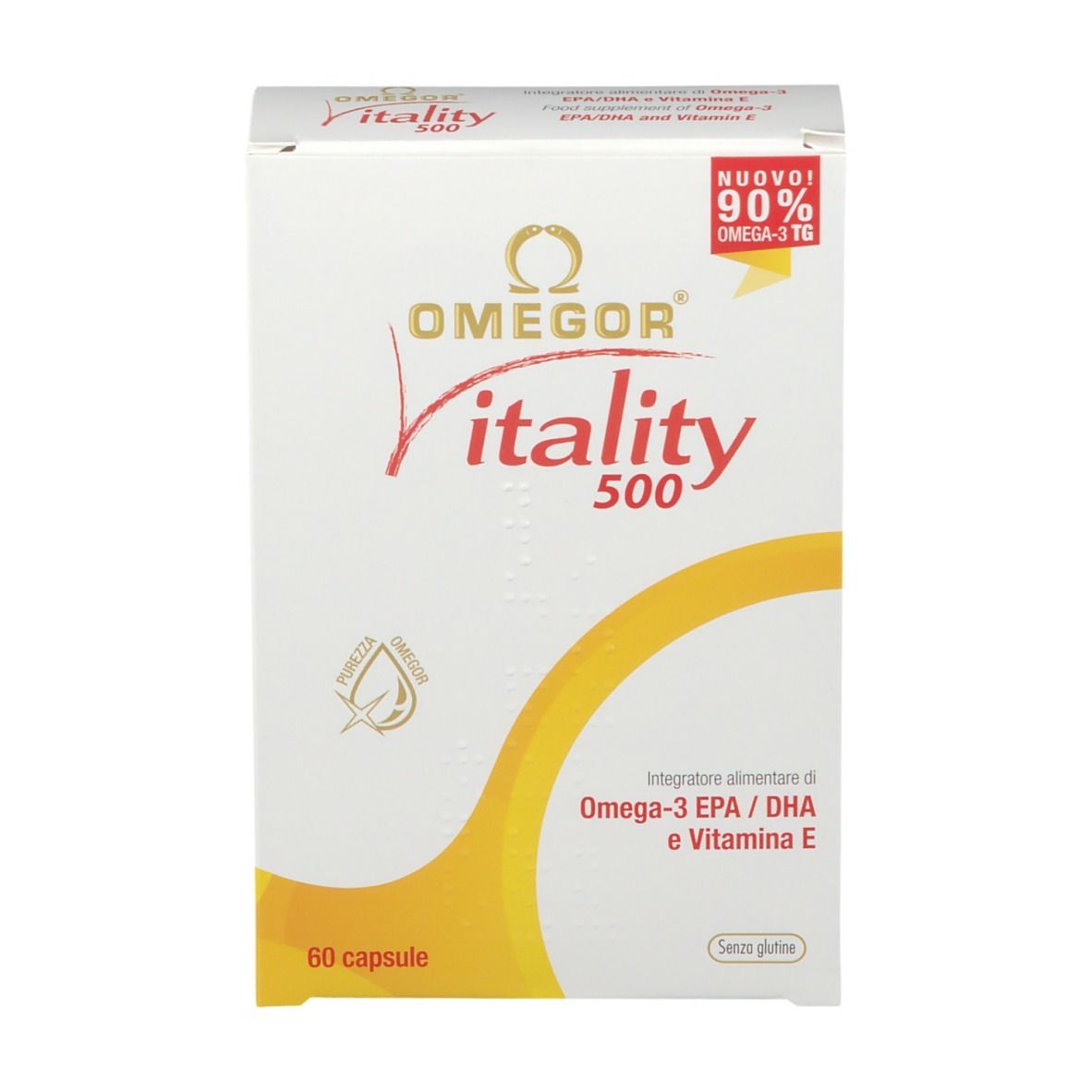 Scatola OMEGOR Vitality 500. Scatola bianca con nome del prodotto e dettagli gialli. Contiene 60 capsule.