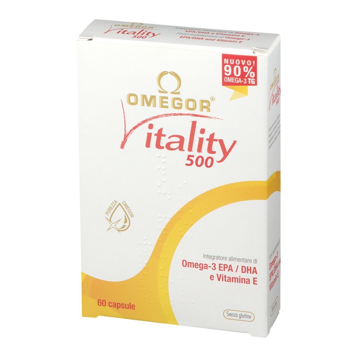 Scatola OMEGOR Vitality 500. Scatola bianca con nome del prodotto e dettagli gialli. Contiene 60 capsule.