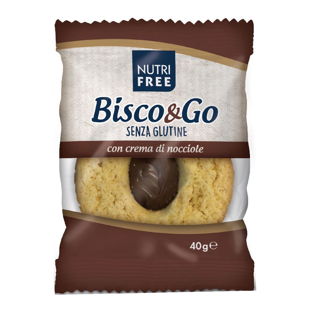 Confezione di biscotti. Scritta: Nutrifree, Bisco&Go, senza glutine, con crema di nocciole. 40g.
