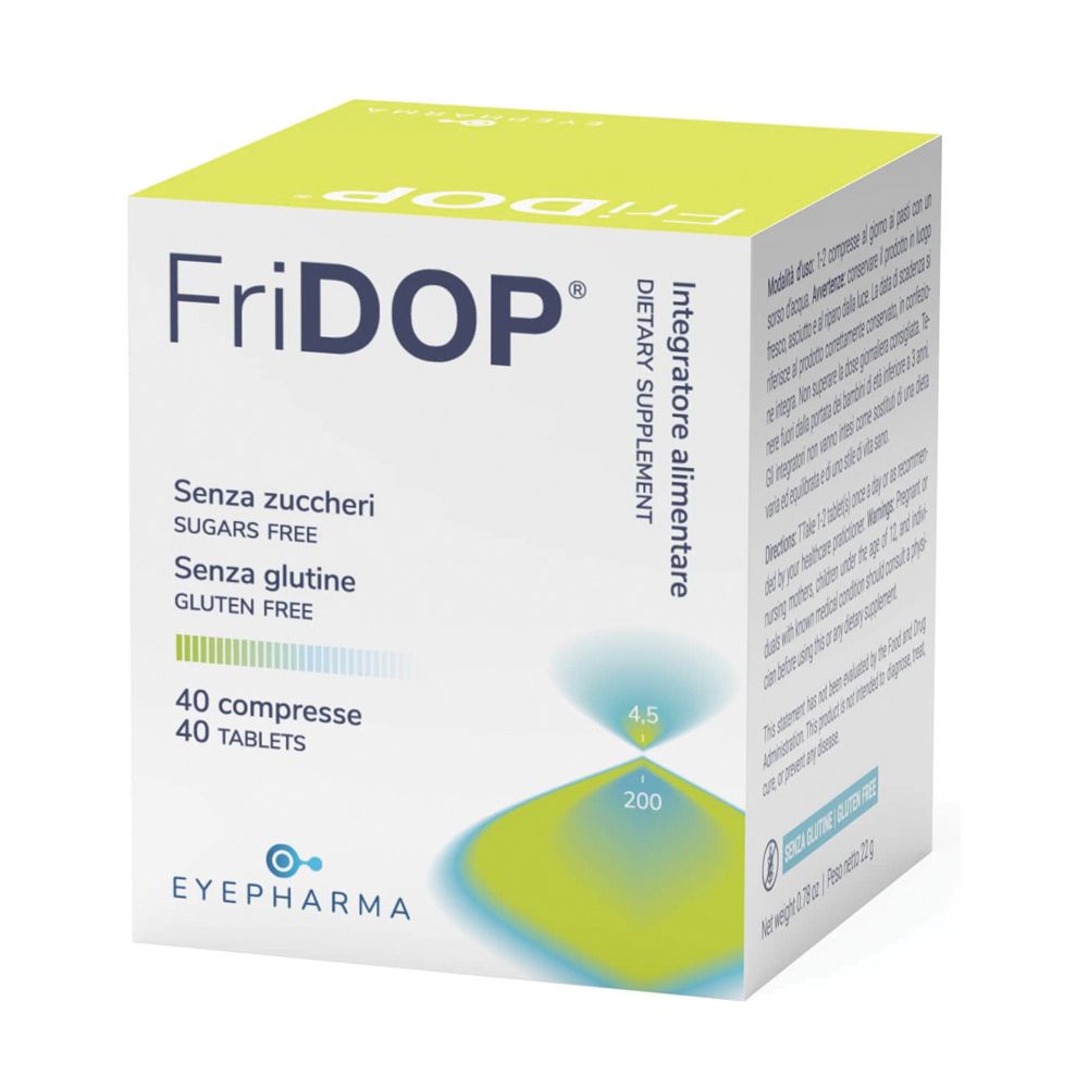 Scatola Fridop®. Verde e bianca. Contiene 40 compresse. Scritto: Senza zuccheri, senza glutine. Marchio: EYEPHARMA.