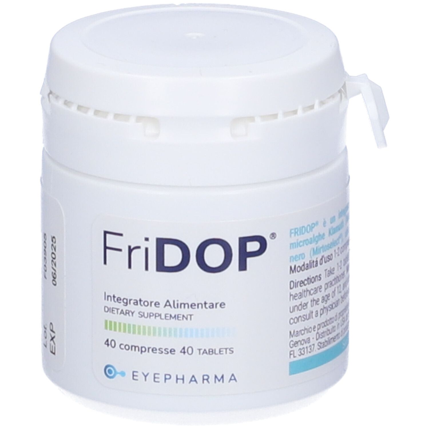 Barattolo bianco con scritta Fridop®. Contiene 40 compresse. Scritto: Integratore alimentare. Marchio: EYEPHARMA. Con tappo a vite.