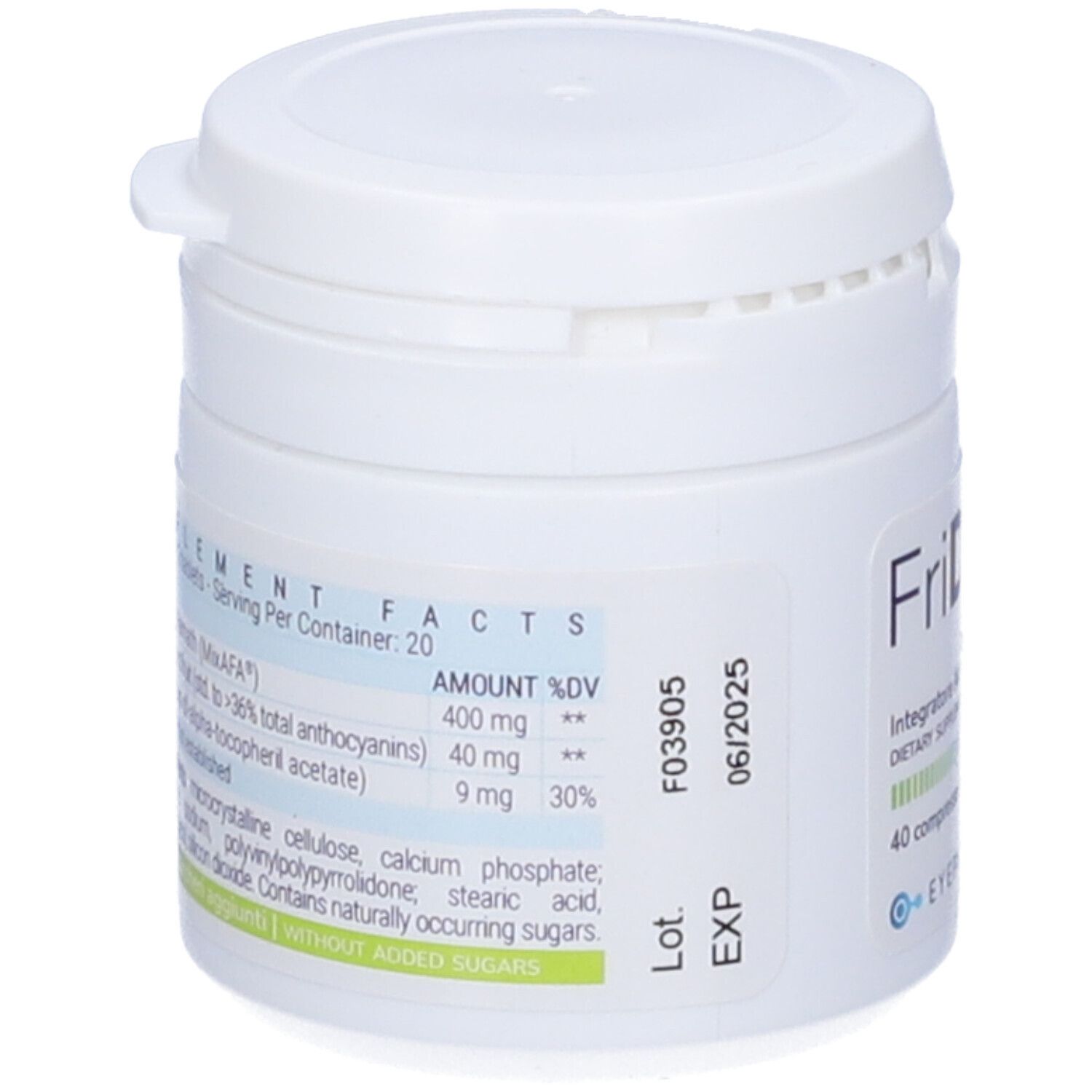 Barattolo bianco con scritta Fridop®. Retro con informazioni sugli ingredienti. Contiene 40 compresse. Scritto: Integratore alimentare. Marchio: EYEPHARMA.
