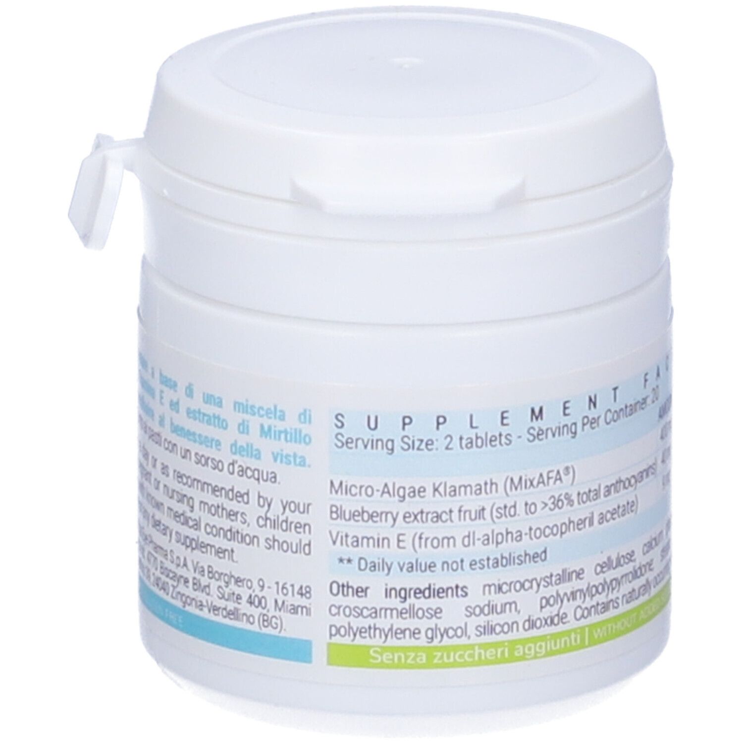 Barattolo bianco con scritta Fridop®. Retro con informazioni sugli ingredienti. Contiene 40 compresse. Scritto: Integratore alimentare. Marchio: EYEPHARMA.