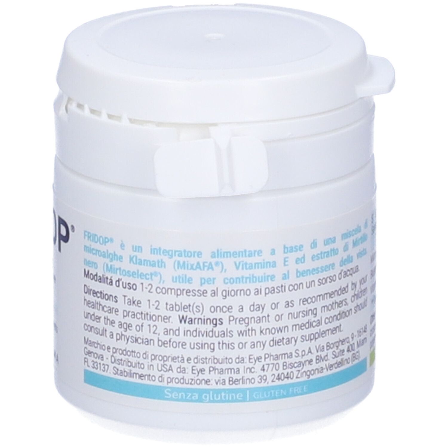Barattolo bianco con scritta Fridop®. Retro con informazioni sugli ingredienti. Contiene 40 compresse. Scritto: Integratore alimentare. Marchio: EYEPHARMA.
