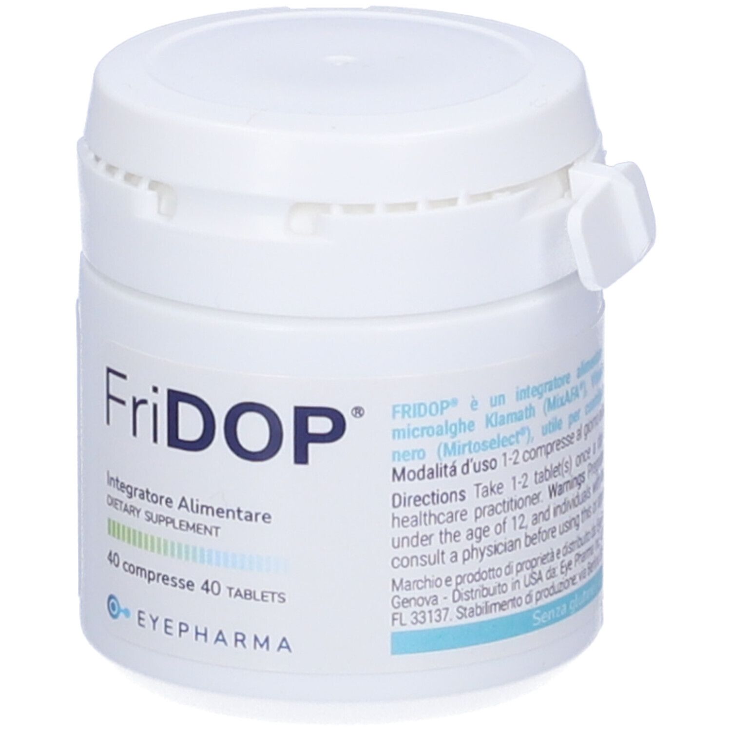 Barattolo bianco con scritta Fridop®. Contiene 40 compresse. Scritto: Integratore alimentare. Marchio: EYEPHARMA. Con tappo a vite.