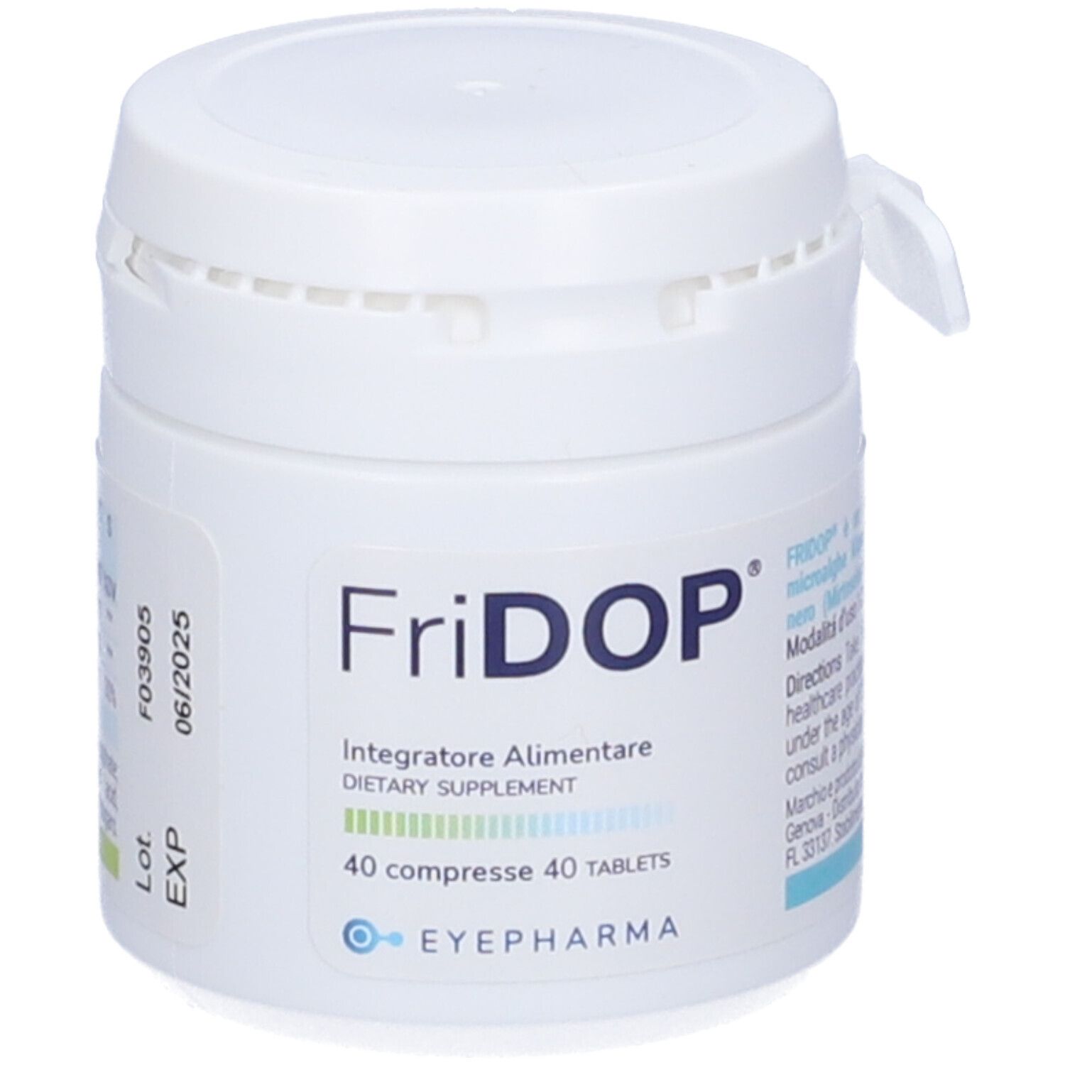 Barattolo bianco con scritta Fridop®. Contiene 40 compresse. Scritto: Integratore alimentare. Marchio: EYEPHARMA. Con tappo a vite.