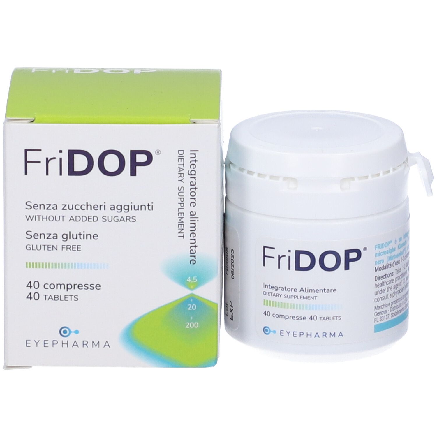 Barattolo e scatola Fridop®. Barattolo bianco, scatola verde e bianca. Contiene 40 compresse. Scritto: Senza zuccheri, senza glutine. Marchio: EYEPHARMA.