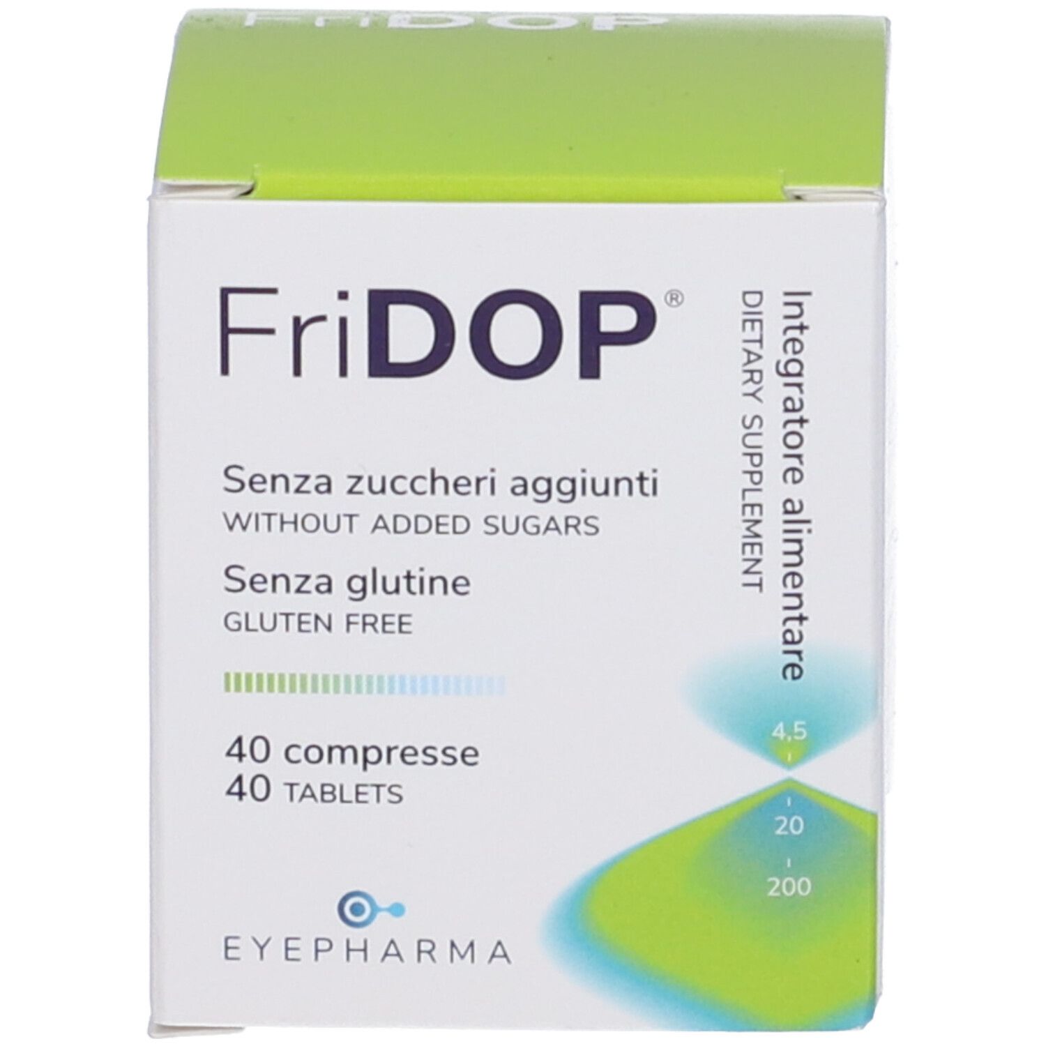 Scatola Fridop®. Verde e bianca. Contiene 40 compresse. Scritto: Senza zuccheri, senza glutine. Marchio: EYEPHARMA.