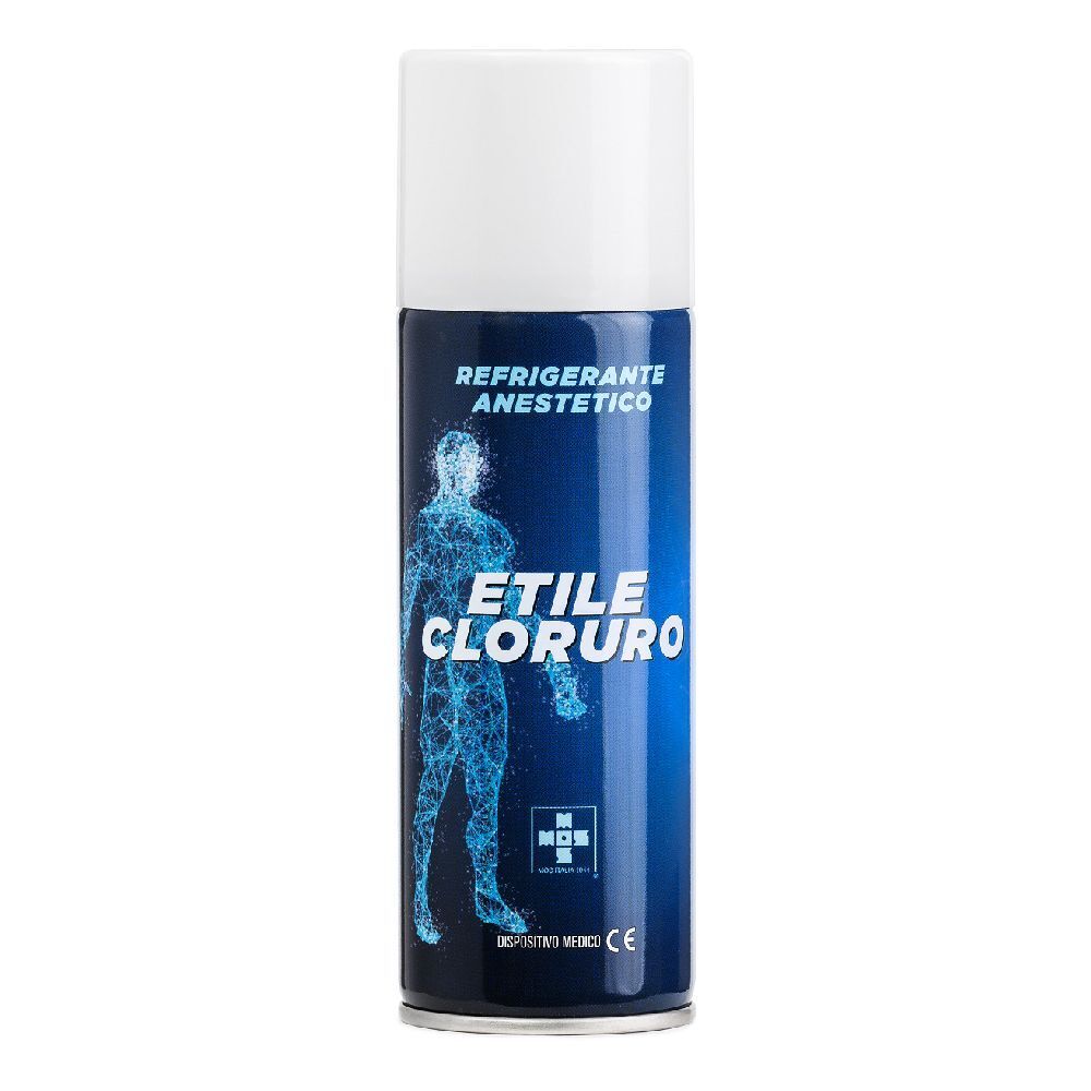 Bomboletta cilindrica con tappo bianco. Scritta: REFRIGERANTE ANESTETICO, ETILE CLORURO. Etichetta blu con figura umana stilizzata.
