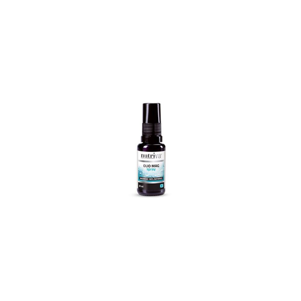 Flacone spray marrone con erogatore nero. Scritta: Nutriva Olio Mag Spray.