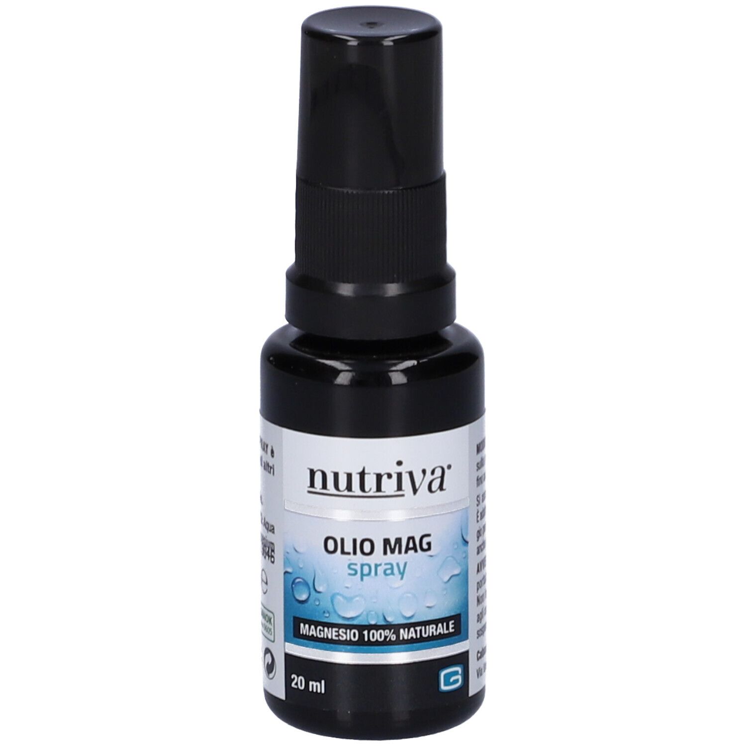 Flacone spray marrone con erogatore nero. Scritta: Nutriva Olio Mag Spray, 20 ml.