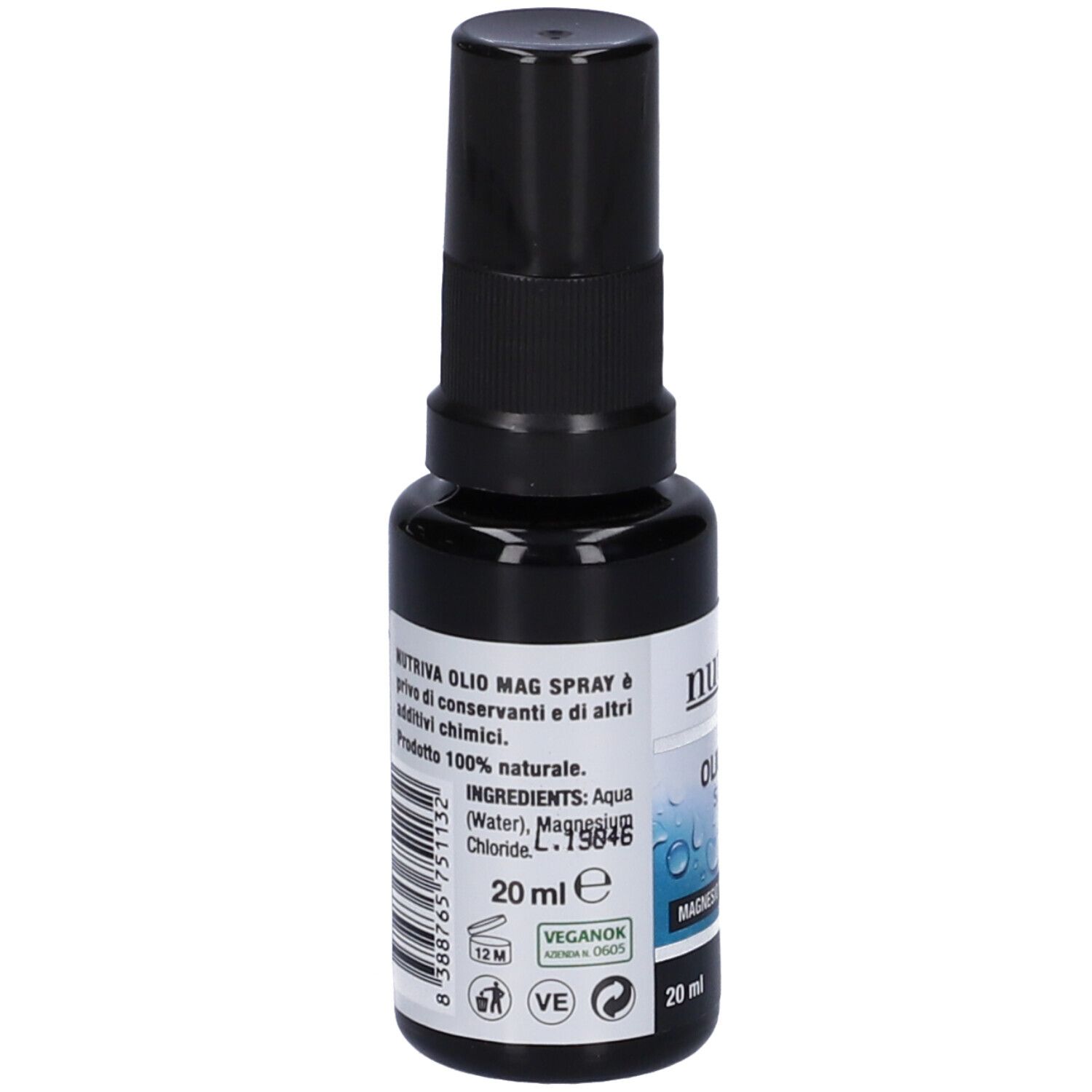 Flacone spray marrone con erogatore nero. Retro con ingredienti e testo.