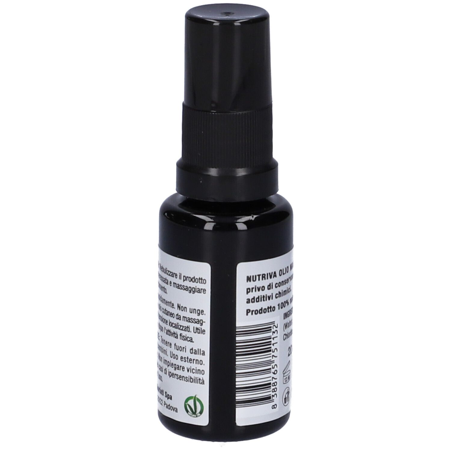 Flacone spray marrone con erogatore nero. Retro con testo e logo.