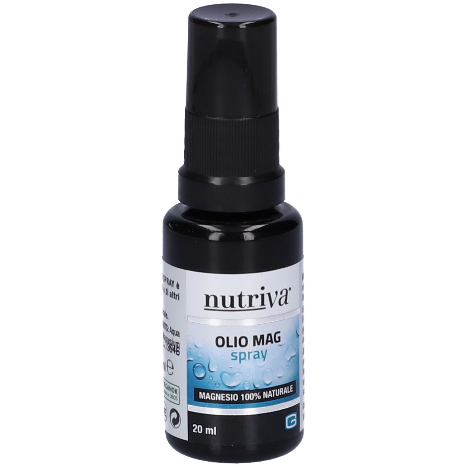 Flacone spray marrone con erogatore nero. Scritta: Nutriva Olio Mag Spray, 20 ml.
