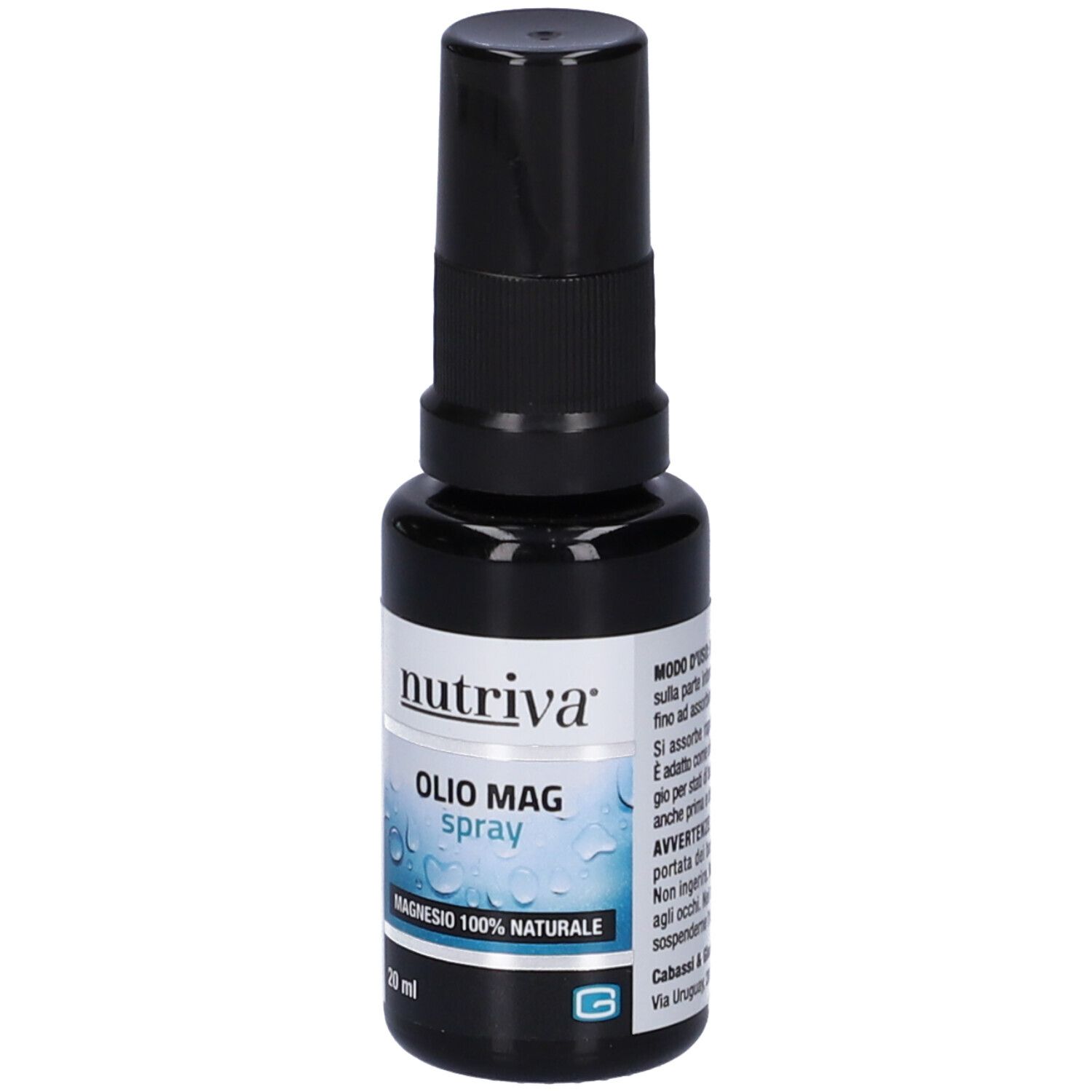 Flacone spray marrone con erogatore nero. Scritta: Nutriva Olio Mag Spray, 20 ml.