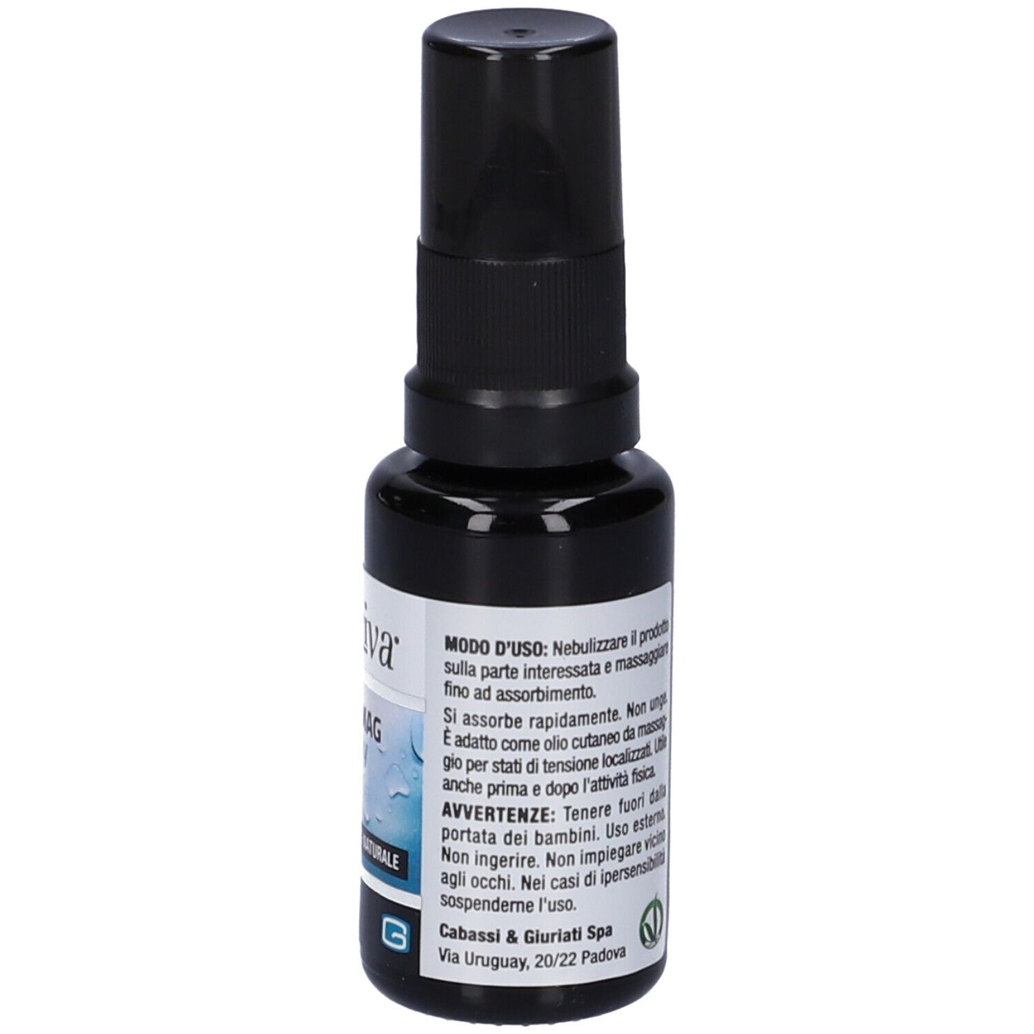Flacone spray marrone con erogatore nero. Scritta: Nutriva Olio Mag Spray, 20 ml.