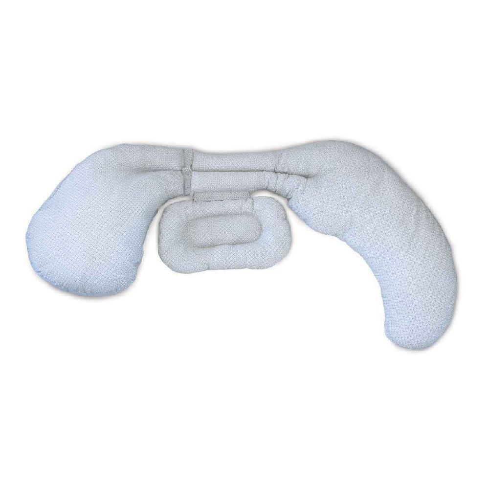 Cuscino per allattamento azzurro a pois, con lati curvi e un piccolo cuscino rettangolare al centro.