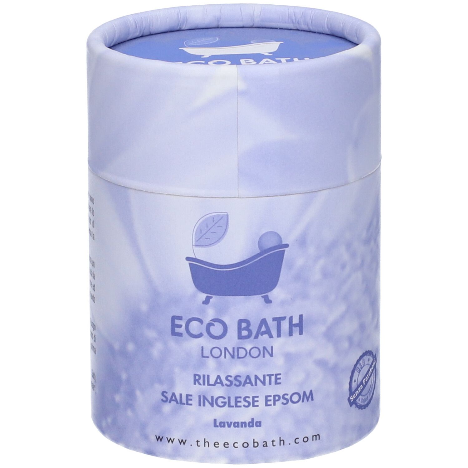 Confezione cilindrica blu. Logo: vasca con foglia. Testo: Eco Bath London, Rilassante, Sale Inglese Epsom, Lavanda. www.theecobath.com.