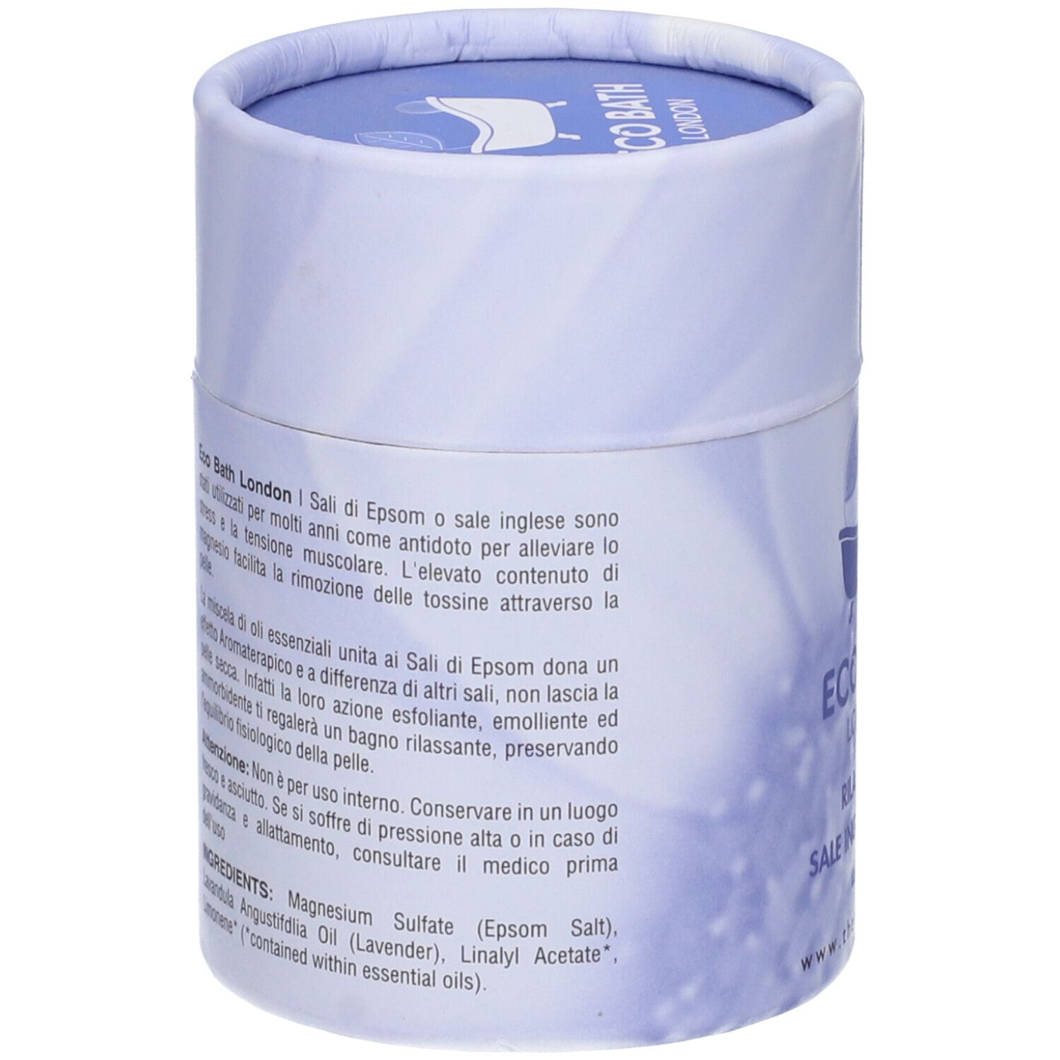 Confezione cilindrica blu. Testo: ingredienti, istruzioni per l'uso. Testo in italiano. Logo: vasca. www.theecobath.com.