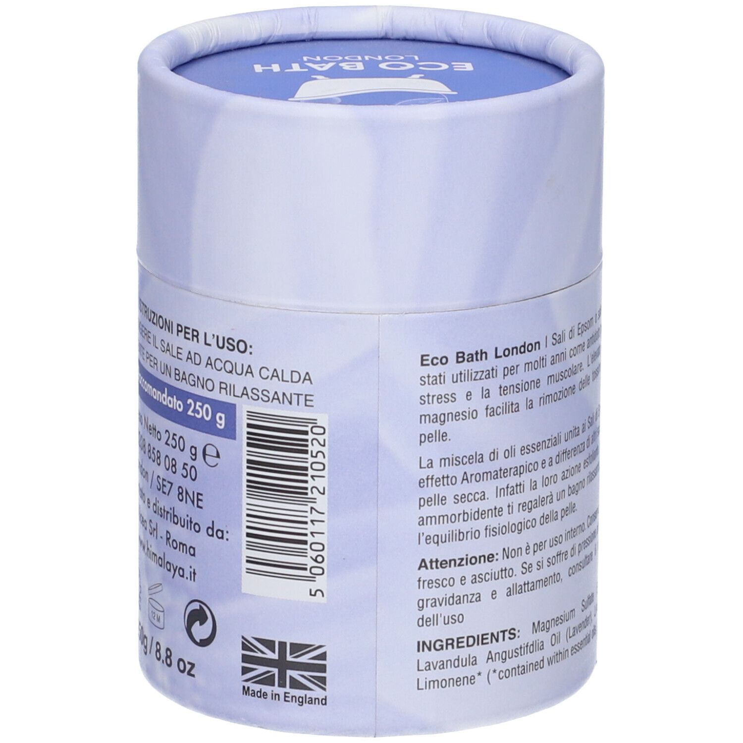 Confezione cilindrica blu. Testo: istruzioni per l'uso, 250 g. Testo in italiano. Logo: vasca. Prodotto in Inghilterra.
