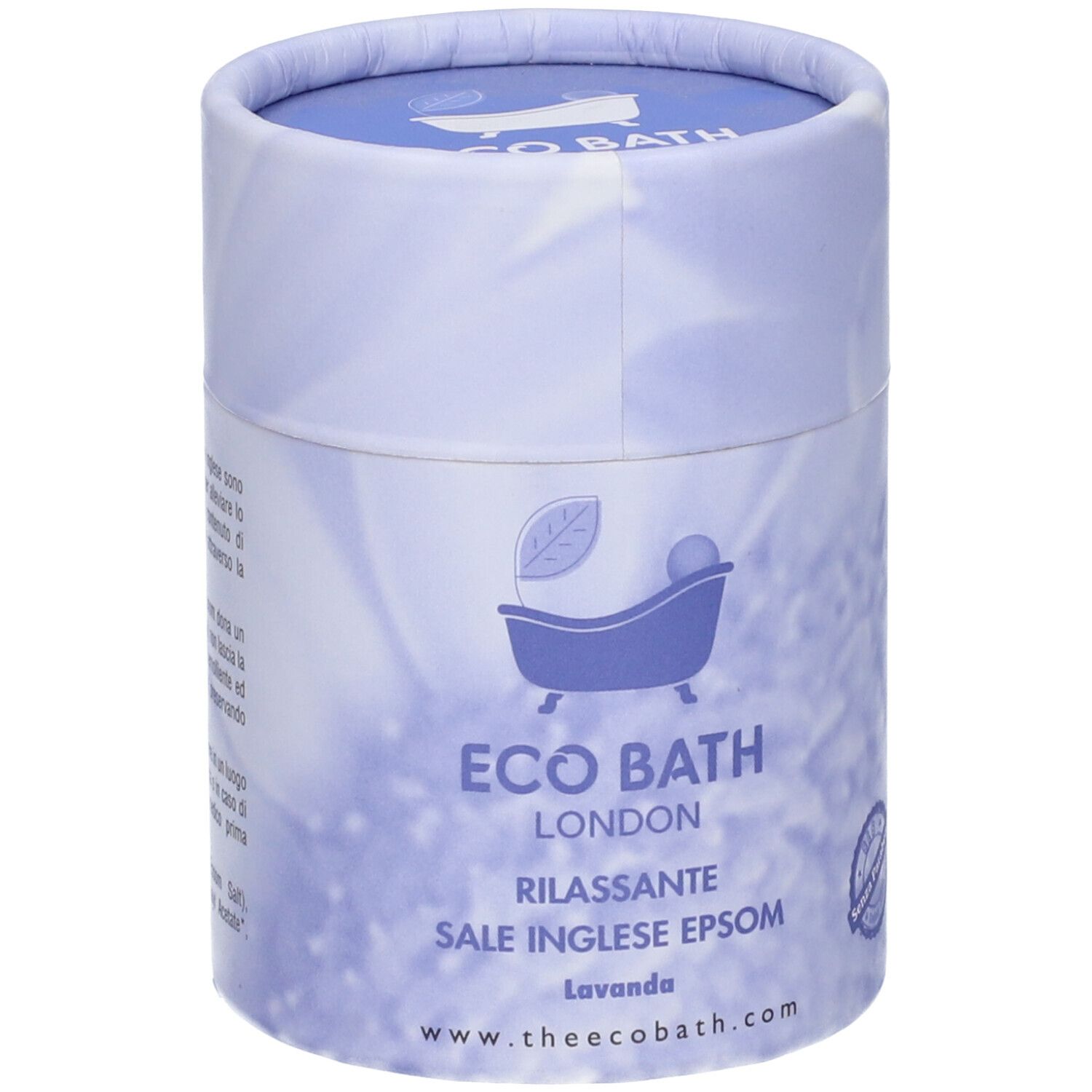 Confezione cilindrica blu. Logo: vasca con foglia. Testo: Eco Bath London, Rilassante, Sale Inglese Epsom, Lavanda. www.theecobath.com.