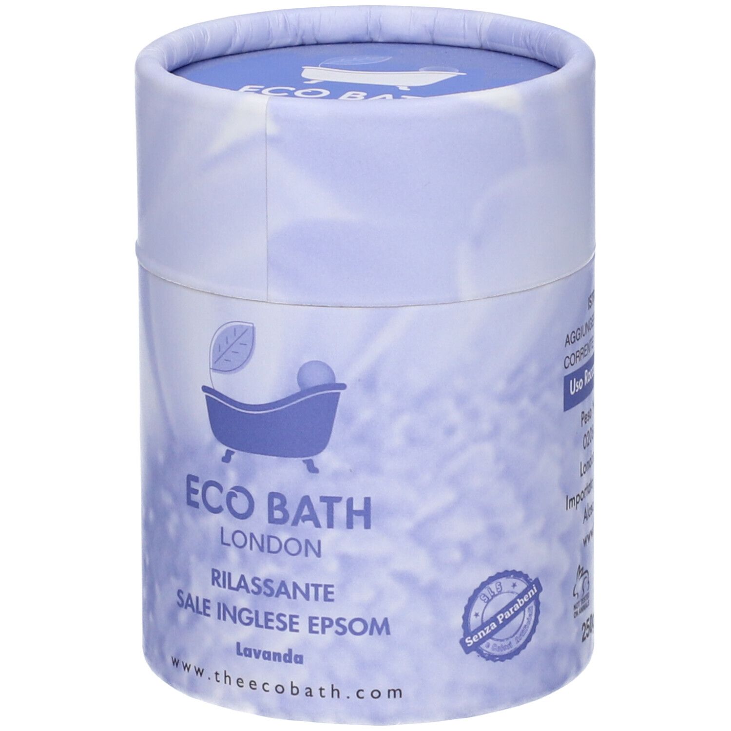 Confezione cilindrica blu. Logo: vasca con foglia. Testo: Eco Bath London, Rilassante, Sale Inglese Epsom, Lavanda. www.theecobath.com.
