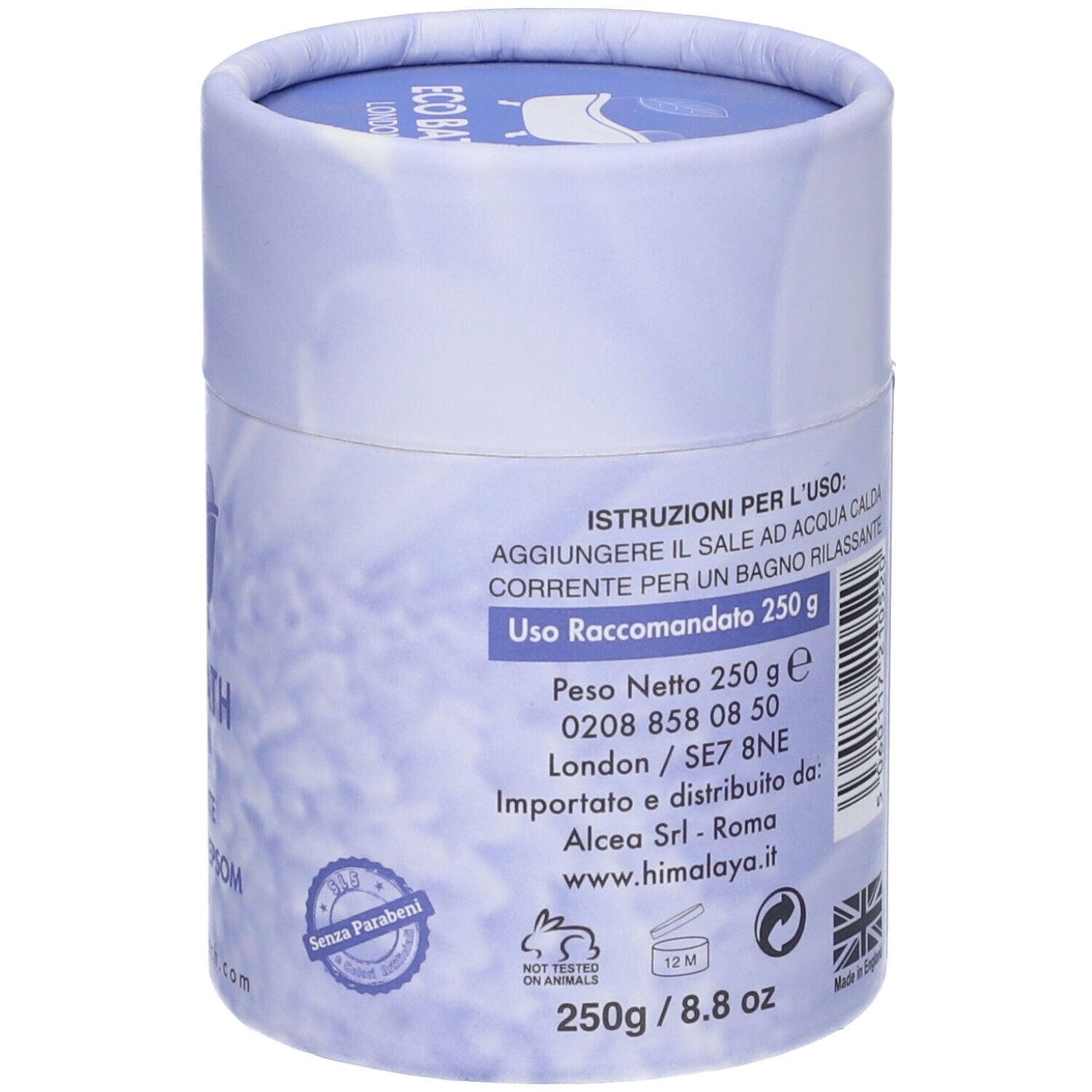 Confezione cilindrica blu. Testo: istruzioni per l'uso, 250 g. Testo in italiano. Logo: vasca. Prodotto in Inghilterra. Non testato su animali.