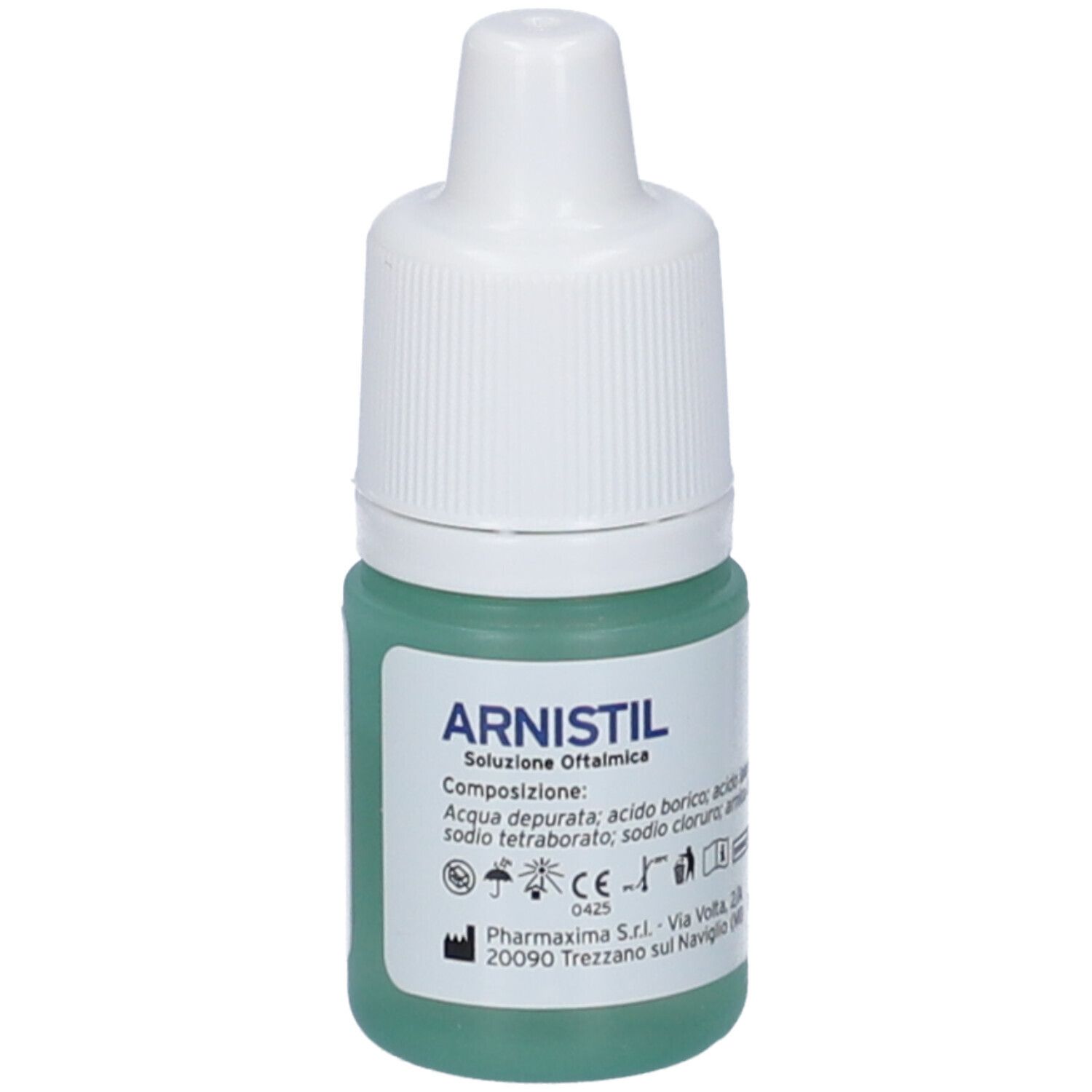 Flacone di collirio con tappo bianco. Liquido verdognolo visibile. Scritta: Arnistil Soluzione Oftalmica.