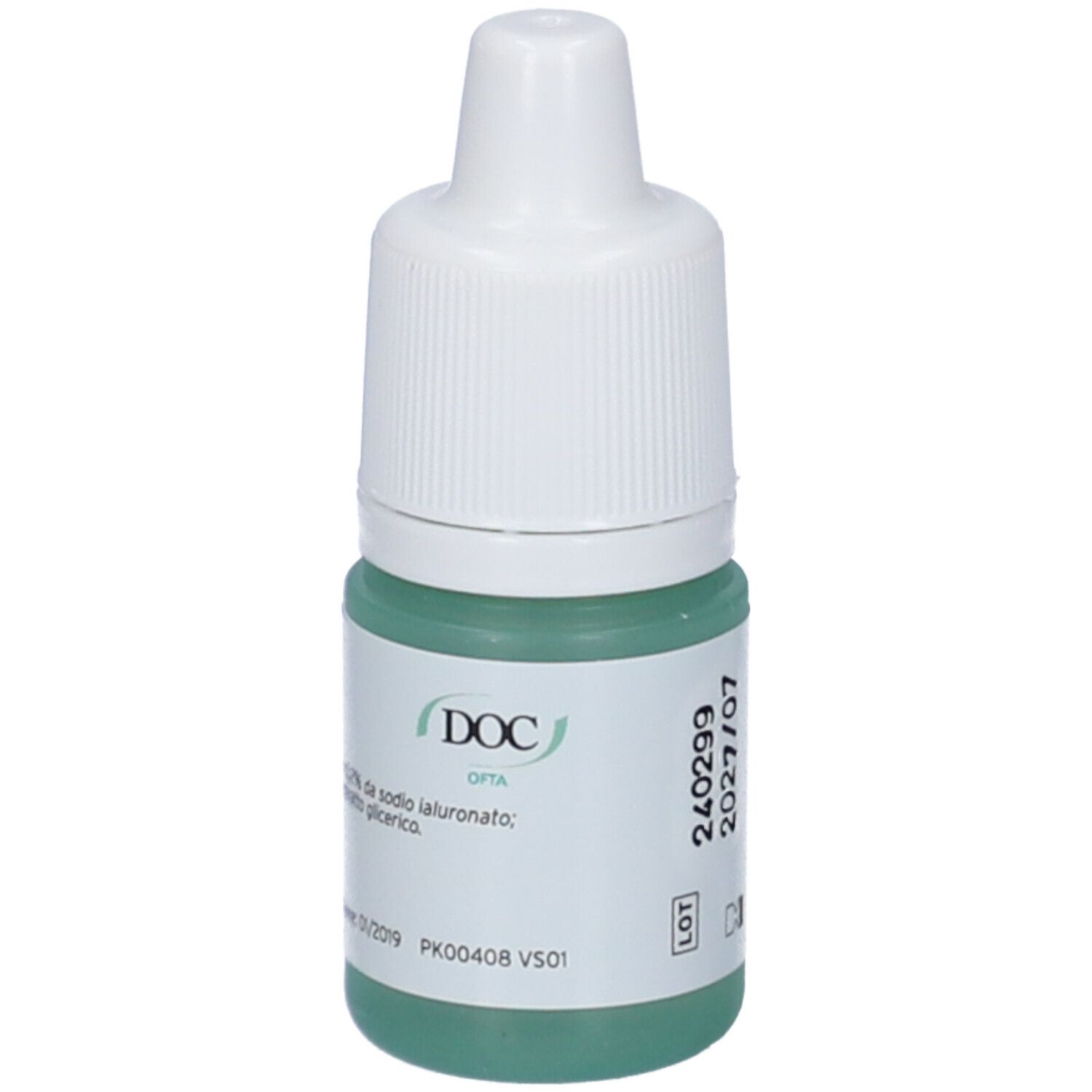 Flacone di collirio con tappo bianco. Liquido verdognolo visibile. Etichetta con informazioni prodotto e logo DOC.