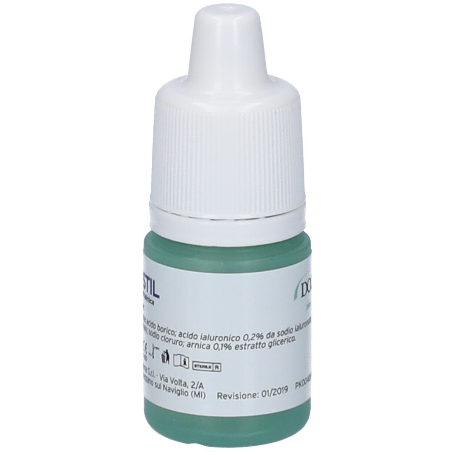 Flacone di collirio con tappo bianco. Liquido verdognolo visibile. Etichetta con informazioni prodotto e logo DOC.