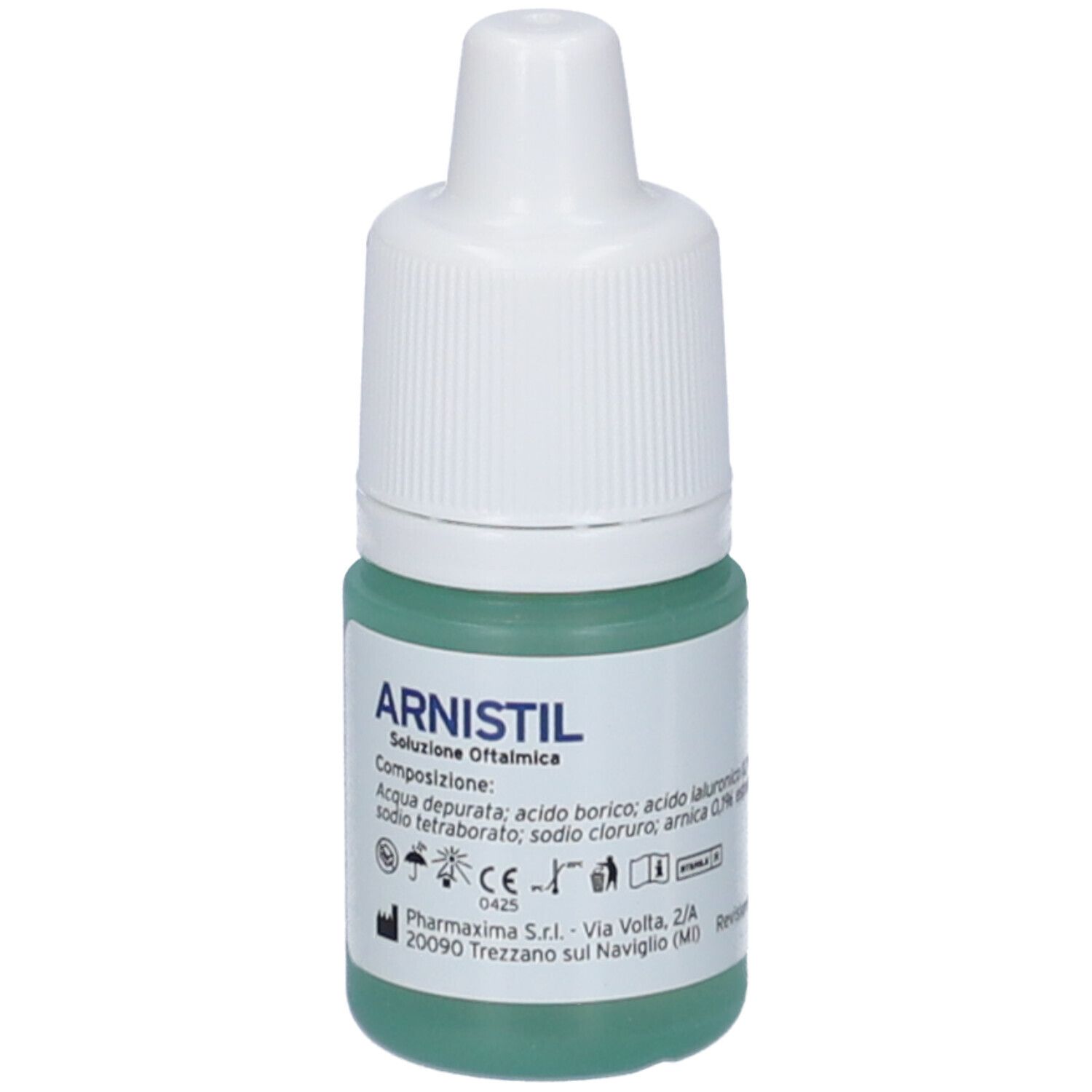 Flacone di collirio con tappo bianco. Liquido verdognolo visibile. Scritta: Arnistil Soluzione Oftalmica.