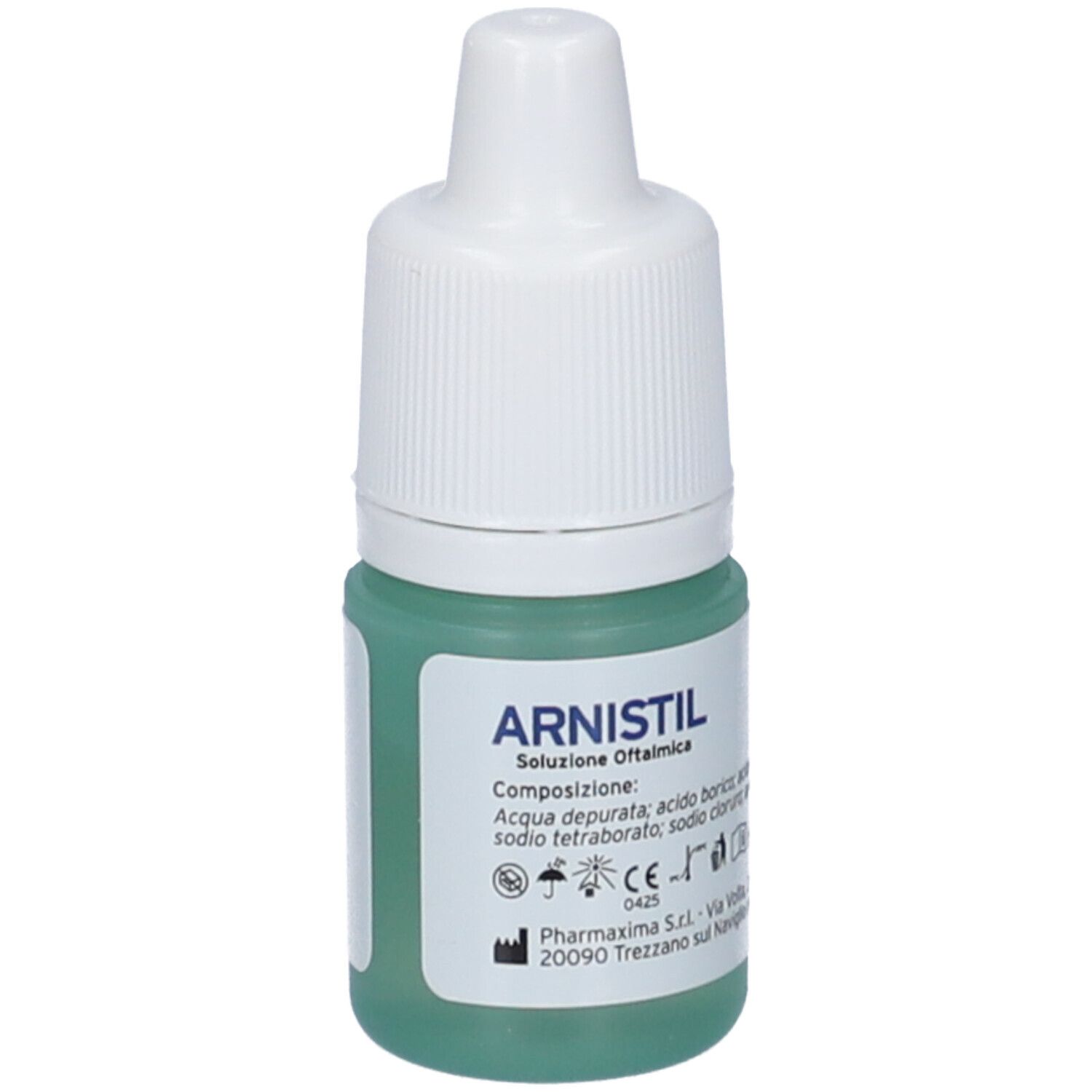 Flacone di collirio con tappo bianco. Liquido verdognolo visibile. Scritta: Arnistil Soluzione Oftalmica.
