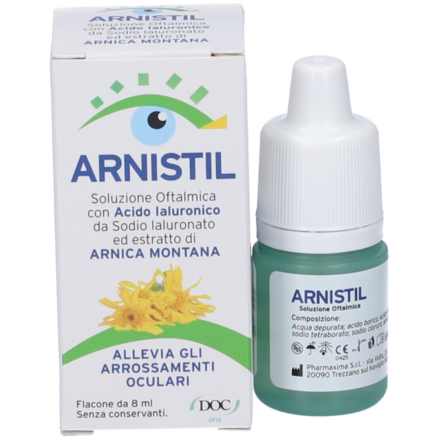 Flacone e confezione di collirio Arnistil. Scatola bianca con nome del prodotto e fiori gialli. Flacone accanto.