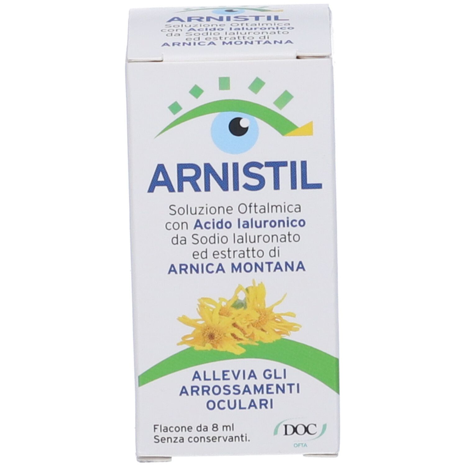 Scatola bianca con nome prodotto Arnistil. Fiori gialli e simbolo occhio. Testo: Allevia gli arrossamenti oculari.